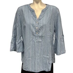 Chico's Chambray Blouse Women's Blue 3/4 Sleeve Button Up Bohemian Top size‎ 2